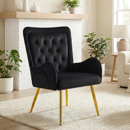 Hellove Ohrensessel mit goldenen Metallbeinen, Luxus-Samt Relaxsessel für Wohnzimmer & Schlafzimmer – Doppellagige Rückenlehne, Skandinavisches Design, Bequemer Lesesessel & Loungesessel, Schwarz