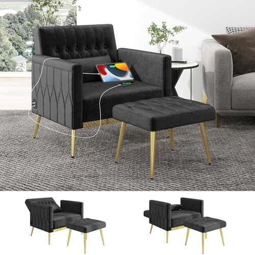 GRAVFORCE Ohrensessel mit Hocker, Sessel Wohnzimmer mit 2 Ladesports, Lesesessel Fernsehsessel Polstersessel Relaxsessel Loungesessel belastbar bis 159 kg Stilvolles Design Samt Schwarz