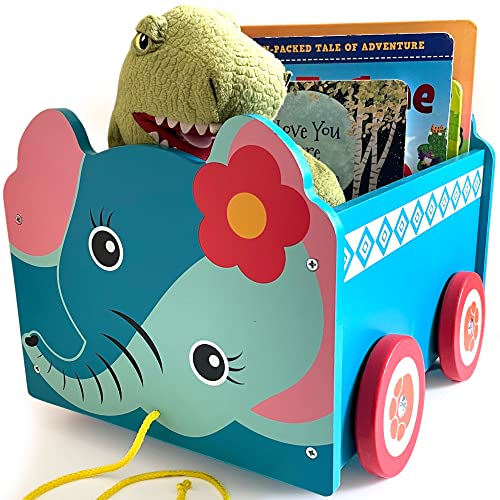 Spielzeugkiste aus Holz Elefant | 2-in-1-Zugwagen & Aufbewahrungsbox auf Rädern für Kinderzimmer / Schlafzimmer | Babytruhe für Kinderspielzeug, Spiel / Buchorganizer | Geschenke für Jungen & Mädchen