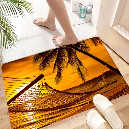 HKPOEQ Super Absorbierende Badezimmerteppich Waschbar Schnelltrocknende Badvorleger Duschvorleger für Badezimmer,Tropisch, Silhouette Einer Hängematte am Meer am tropischen Strand bei Roman,60x100 cm