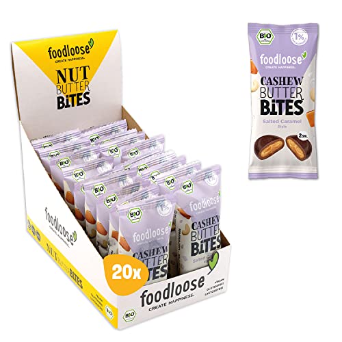 foodloose Bio-Cashew Butter Bites Salted Caramel | Leckere Snacks aus Datteln mit cremiger Cashewmus Füllung | Vegan, Bio, glutenfrei & ohne raffinierten Zucker | Vorteilspack (20 x 40g)