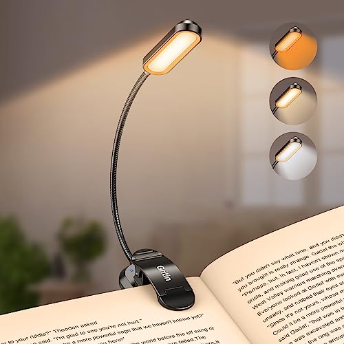 Gritin Leselampe Buch Klemme mit 11 LEDs, LED Buchlampe USB Wiederaufladbar, Stufenlose Helligkeit & 3 Farbtemperatur Modi Klemmleuchte, 360° Flexibel Klemmlampe für Nachtlesen ins Bett