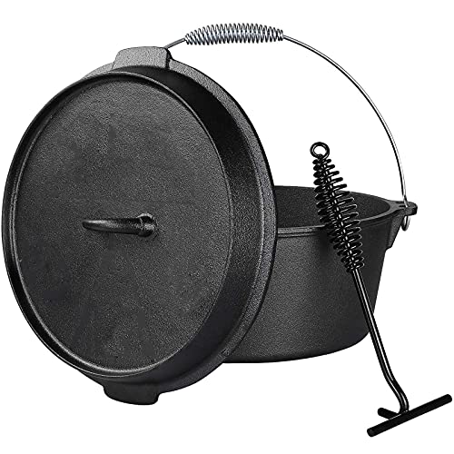 Dutch Oven aus Gusseisen, vorgewürzter Camping-Kochtopf mit Deckelheber und Schlaufengriffen für Gasgrill, multifunktionaler Kochtopf