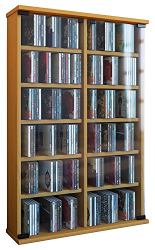 VCM CD Regal Holz | CD Schrank mit ESG-Sicherheitsglastüren für 300 CDs oder 130 DVDs oder 72-Videos| Maße: H. 92 x B. 60 x T. 18 cm | Elegantes DVD Regal | Blu ray Regal | CD Regal - Roma