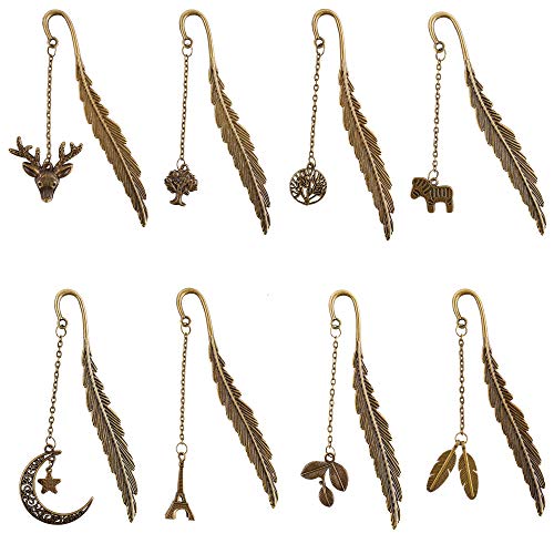 RZKJ-SHOP Metall Lesezeichen mit Feder und Anhänger, 8 Stück, Vintage Metallmarker in Antik Bronze mit Baum, Blätter, Stern, Mond Mustern für Leser, Erwachsene und Kinder