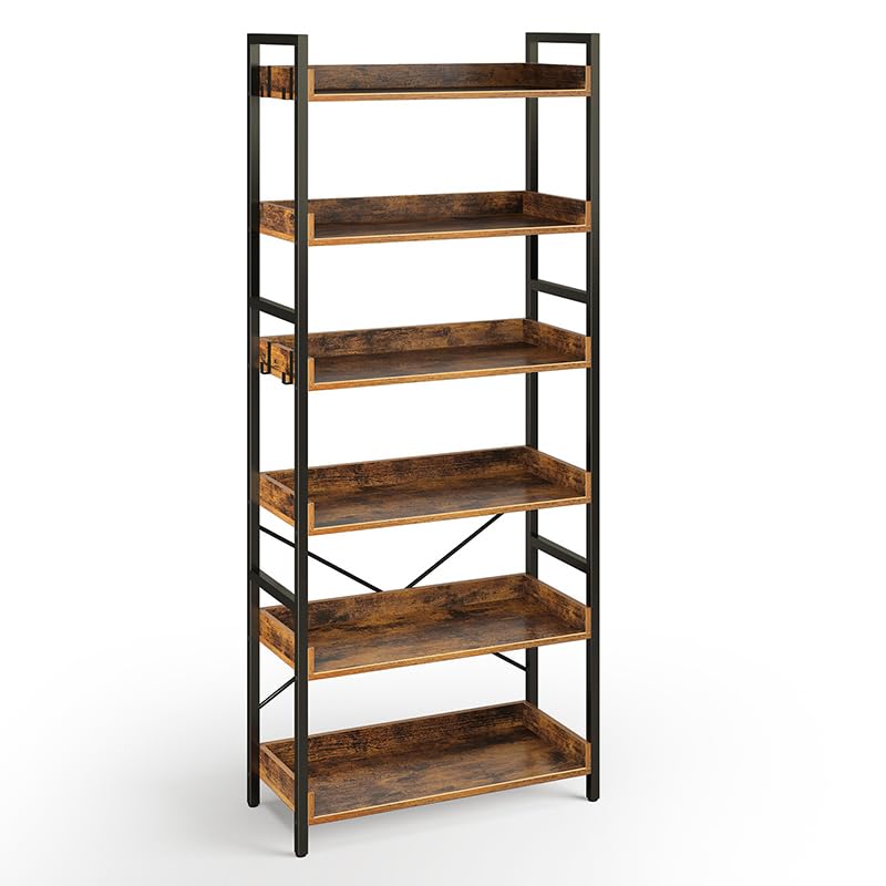 Rolanstar Bücherregal mit 6 Ebenen & 4 Haken, Holzregal mit Kantenschutz & offenes Regal, Standregal im Industriestil für Wohnzimmer, Schlafzimmer, Büro, 30 x 65 x 175cm