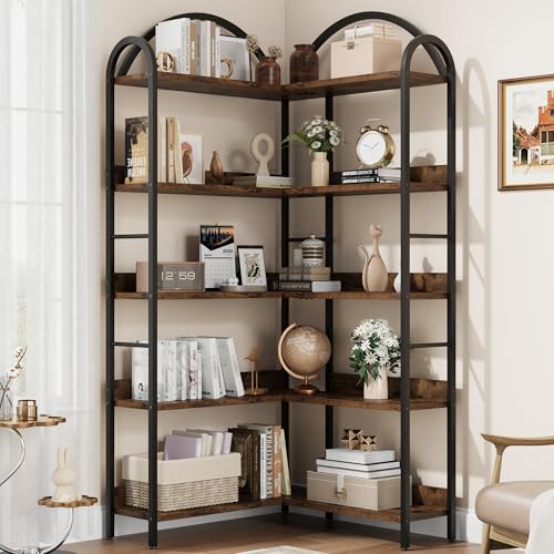 5-Stöckiges Eck-Bücherregal mit Gebogenem Metallrahmen, L-Förmiges Dekoratives Großes Bücherregal Aus Holz und Metall, Bodenstehendes Eckregal für Schlafzimmer, Wohzimmer, Home Office, 174x78x78cm