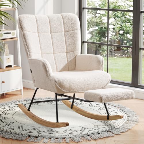 Ckaff Schaukelstuhl mit Fußstütze, Schaukelsessel mit Fußstütze, Teddystoff Gepolsterter Lesesessel Relaxstuhl Sessel mit Holzkufen für Wohnzimmer Schlafzimmer, Elfenbeinweiß