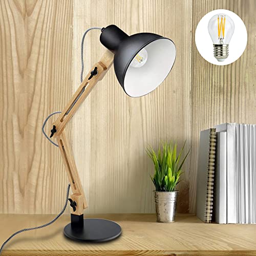 Depuley E27 Tischlampe mit Holzarm Verstellbare Schreibtischlampe mit Druckschalter Klassische Leselampe, Schwarze Nachttischlampe für Büro, Schlafzimmer, Wohnzimmer, Kinderzimmer…