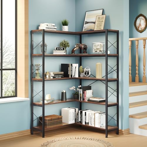Wildhome 5-Regal eckregal stehend, Vintage industrielle eckregal Holz, Corner Shelf Regal mit Metallrahmen Offene Aufbewahrungsecke Schrank (Retro Brown-5 Regal)