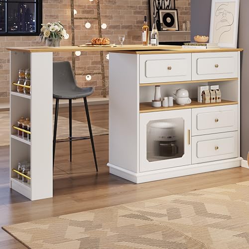 Ausziehbarer Bartisch mit 360° Drehfunktion & großzügigem Stauraum (125-181 cm Länge), hochwertiges MDF-Design, inkl. 4 Schubladen & Glastür – Moderner Hochtisch für Küche, Wohnzimmer oder Homeoffice