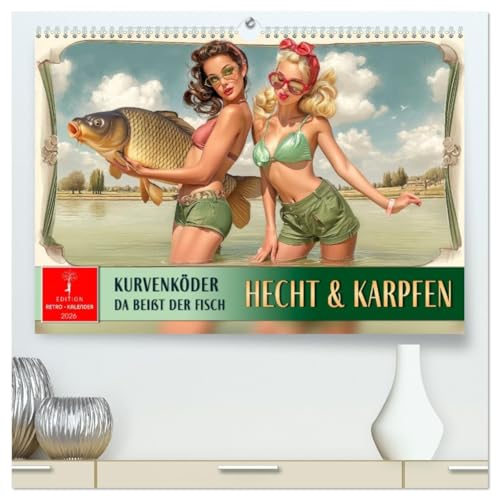 Hecht und Karpfen - Kurvenköder, da beißt der Fisch (hochwertiger Premium Wandkalender 2026 DIN A2 quer), Kunstdruck in Hochglanz