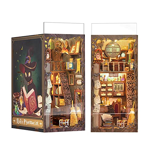 CUTEBEE Book Nook Kit mit Staubschutzhülle–DIY Puppenhäuser Miniatur Haus Kit mit LED-Licht,Booknook Häuser 3D Puzzle Buchstützen aus Holz,Modellbausätze für Erwachsene zum Bauen (Magic Pharmacist)