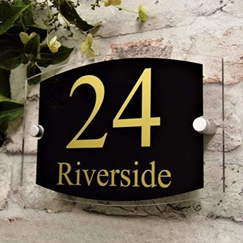 Trohollis Hausnummernschild,Hausnummer Edelstahl Moderne Türnummer/Adressschild aus Glas und Acryl for den Außenbereich anpassen(Gold on Black,200x140mm)
