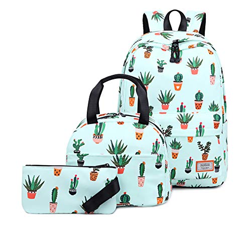 Joymoze Wasserbeständige Büchertasche für Jugendliche Mädchen mit Tasche für Mittagessen und Mäppchen Kaktus