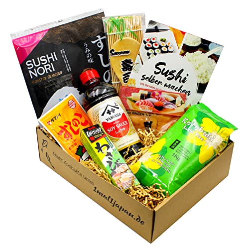 Sushi Kochset, 8-teilige DIY Sushi Box für 5 leckere Rezepte: Maki, Nigiri, Inside Out u.v.m., mit Sushi Kochbuch + Bambusmatte, inkl. Sushi Reis, Nori Algen, Sojasauce & Wasabi