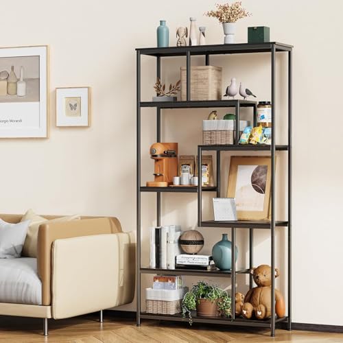Bealife Bücherregal, 5-stöckiges Versetztes Bücherregal. Offenes Freistehendes Regal für Wohnzimmer, Industriedesign, 98 x 30 x 180 cm, Büro, Arbeitszimmer, Schwarz