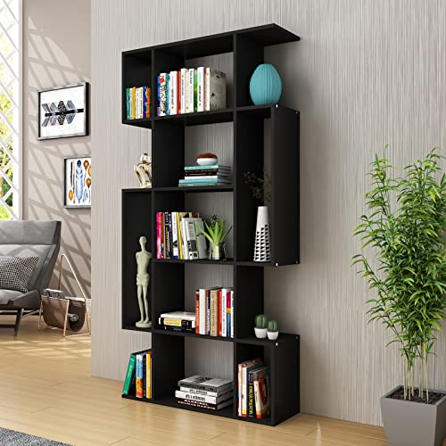 Bücherregal, Wohnzimmer-Bücherregal, 5 Etagen, Bücherregal, Aufbewahrungsständer, Regal für Zuhause, Büro, Arbeitszimmer, S-förmig (schwarz)