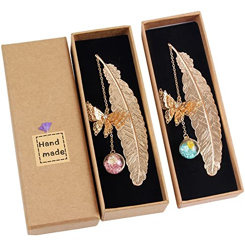 Lesezeichen mit Feder aus Metall, Drossel aus Metall mit Schmetterling und Trockenblume, ewige Glasperlen, Anhänger, ideales Geschenk für Leser, 2 Stück