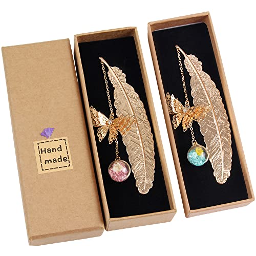 2PCS Metall Feder Lesezeichen mit Elegant Schmetterling und Glasperlen Ewige trockene Blume Anhänger Ideales Geschenk für Erwachsene Kinder und Studenten