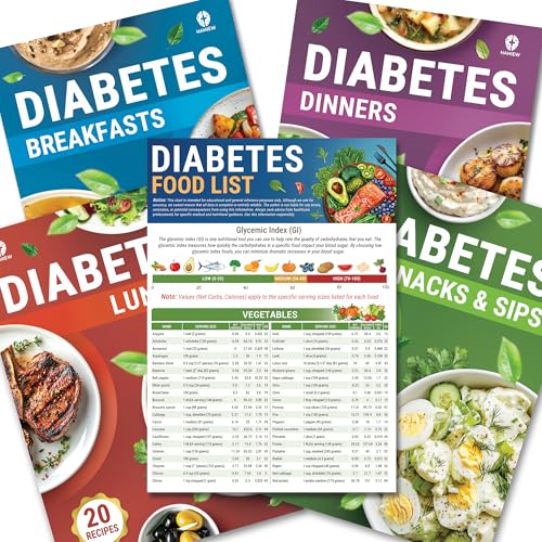 HAMIEW 5er-Pack Diabetes-Lebensmittelliste Diagramm & 80+ Mahlzeitenplaner Rezepte für Anfänger, laminierter Diabetes-Diätplan für Typ 1 und 2, Essen zu essen – vermeiden mit Portionsgröße