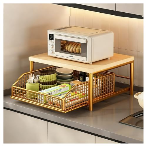 2-stöckiges goldenes Mikrowellenregal mit Aufbewahrungskorb, ausziehbarer Küchenständer, Wagen und Schubladenregal für Küche, Insel, Café, Bar, Restaurant, Büro, Wohnzimmer