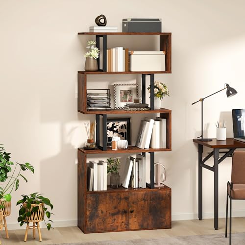 YITAHOME Bücherregal, Industrielles Standregal mit Türen, Regal aus Holz und Metall, Hohes, bodenstehendes Regal, Ausstellungsschrank für Schlafzimmer, Wohnzimmer, Heimbüro, Vintagebraun