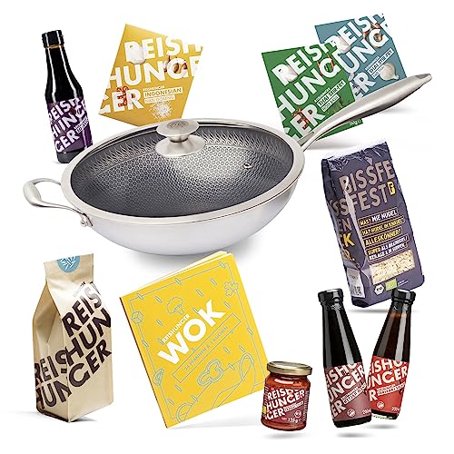 Reishunger Wok Starter Set (11-teilig) - Premium Edelstahl Wok inklusive Zutaten und Kochbuch