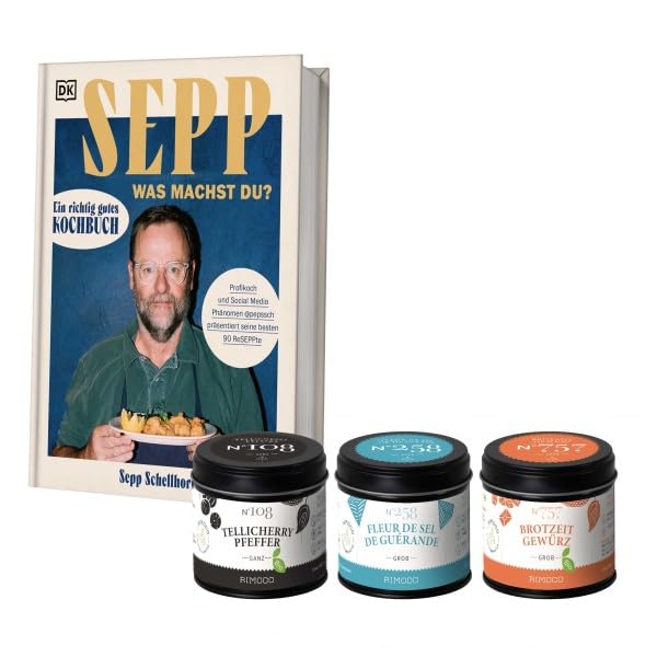 Rimoco Gewürze Geschenkset aus Gewürzen + Das Kochbuch 'Sepp, was machst du?' - bestehend aus Bio Tellicherry Pfeffer N°108, Fleur de Sel de Guérande N°258 und Bio Brotzeitgewürz N°757