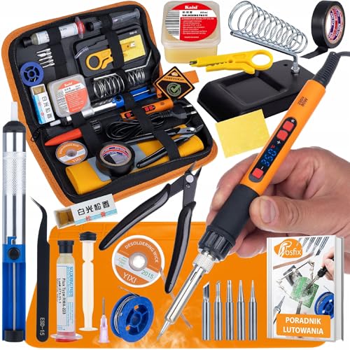 Rosfix Set Pro 80W LCD 16in1 – Lötset mit Flussmittel, 5 Spitzen, Absaugpumpe, Pinzette, Zange, Etui, Lötzinn & PDF-Handbuch | 180–500°C | RMA-223 | ZJ-18 | ESD-Organizer