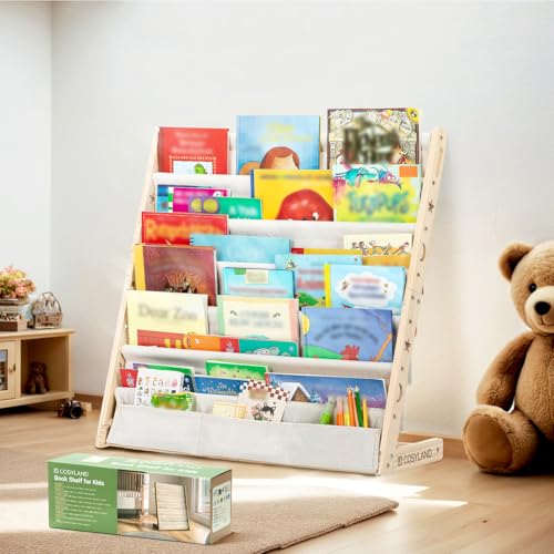 COSYLAND Bücherregal Kinder mit 6 Oxford-Stoff Fächern - Kinderbücherregal aus Naturholz - Bücherregal Kinderzimmer mit abgerundeten Ecken & großer Kapazität 75L x 30B x 76H cm(Naturholzfarbe)