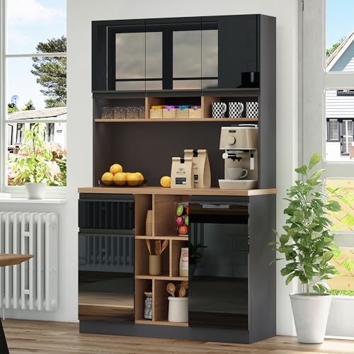 Gegtuon Küchenschrank Vitrinenschrank, Buffetschrank Küchenschränke mit Regal und Türen für Küche, Mehrzweckschrank Hochschrank mit Verstellbaren Ablagen und Schubladen, 185x105x45 cm (Schwarz)