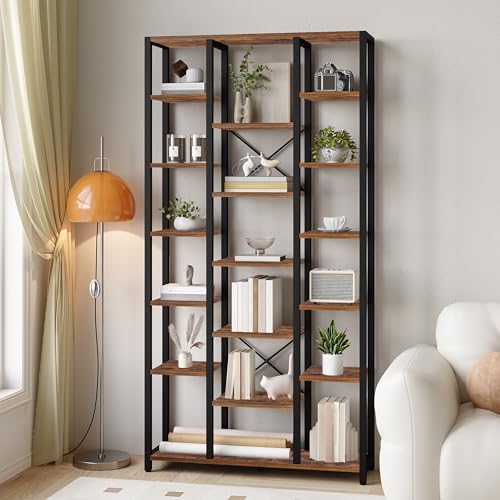 Hzuaneri Bücherregal, Standregal mit 7 Ebenen 18 Ablagen, Verstellbare offene Ablagen, für Wohnzimmer, Büro, Schlafzimmer, 30 x 100 x 200 cm, Vintagebraun-Schwarz, BC15601B