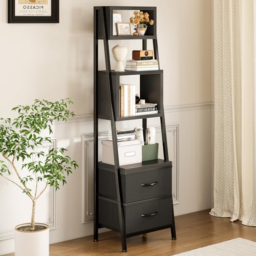 Coleshome Bücherregal, Regal Schmal mit 5 Regalen, mit 2 Stoffschubladen, Bücherregal Klein Geeignet für Schlafzimmer, Büro, Wohnzimmer, Küche, 39 x 28.5 x 157cm, Schwarz