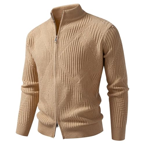 PANVER Strickjacke Herren Temperament Casual Einfarbig Strickwaren Regular Fit Stehkragen Warm Sweater Jacke F-Khaki L
