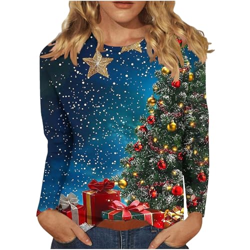 NSICBMNO Damen-Weihnachtsoberteile – lustig, Weihnachtsbaum, Zwerg, Schneemann, Weinglas-Pullover, Übergröße, langärmelig, Rundhalsausschnitt, hässlicher Weihnachtspullover, lockere Bluse, Neuheit