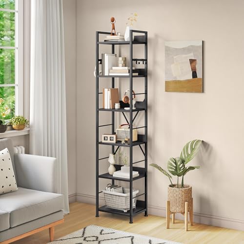 YITAHOME Bücherregal mit 6 Ebenen, Industrielles Standregal, Metallrahmen und Holzregale, Hohes Lagerregal mit 4 Haken, Präsentationsorganizer, für Wohnzimmer, Heimbüro, Schwarz Regal