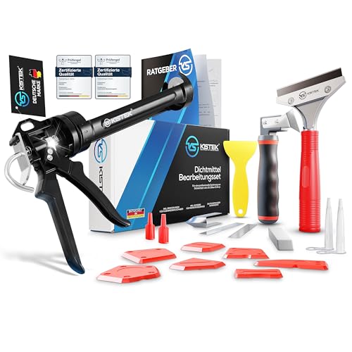 KISTEK® Profi Bundle – All in One Silikonentferner Werkzeug Set 20-tlg. inkl. Ersatzklingen zur Erneuerung von Acryl & Silikonfugen + 24:1 Profi Kartuschenpresse mit gummierten Griffen & Ratgeber