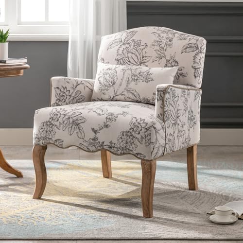 Ya-Home Vintage Sessel mit Armlehne, Polstersessel mit Holzbeinen & Blumenmuster Einzelsofa Akzentstuhl mit Kissen für Wohnzimmer/Schlafzimmer,Beige