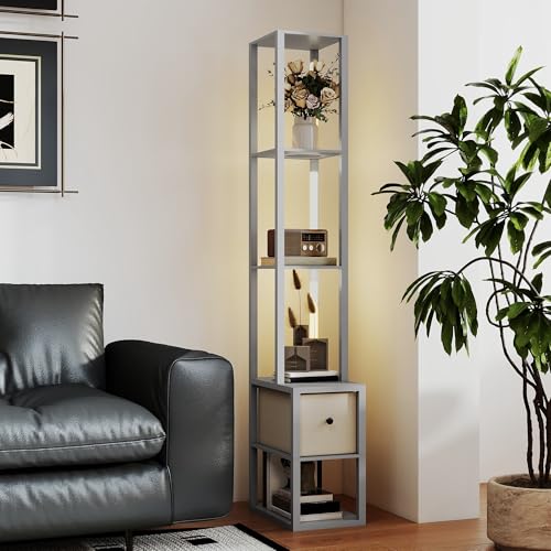 3-in-1 verstellbare LED-Stehlampe mit Ablagen und modernem Leselicht-Fußschalter, perfekt für Wohnzimmer und Schlafzimmer, stilvolles graues Design