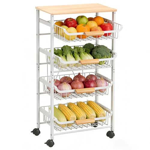 ULIKEUS 5-lagiger Obst- und Gemüsewagen für die Küche, ausziehbare Aufbewahrungskörbe, Wagen, Organizer, Schubladen mit rollenden Rädern und Schreibtisch, ausziehbarer hohler Obstkorb aus Metall für