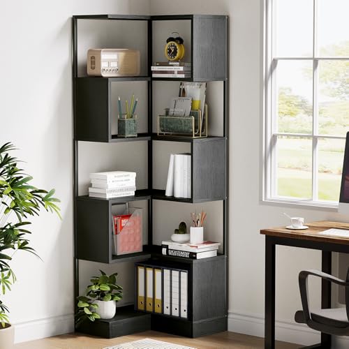 Tribesigns Ecke Bücherregal Einheit 180 cm, 6-Tier Floor Standing Bücherregal, Eckregal Aufbewahrung Display Rack mit Metallrahmen für Wohnzimmer Home Office (Schwarz)