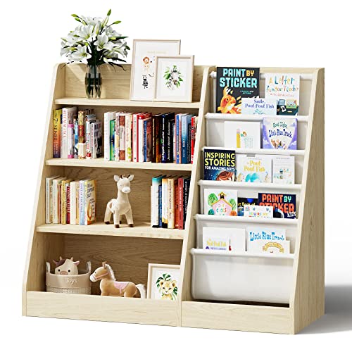 KEEPREAPER Kinderregal mit 5 Ablage und 4 offenen Fächern, Bücherregal für Kinder, Spielzeug-Organizer, 90x40x80cm (Natur)
