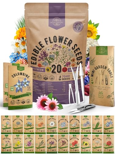 Organo Republic 20 essbare Blumensamen Sortenpackung für drinnen und draußen, 7000+ gentechnikfreies Erbstück: Borretsch, Bergamotte, Kapuzinerkresse, Schnittlauch, Kapgänseblümchen, Ysop,