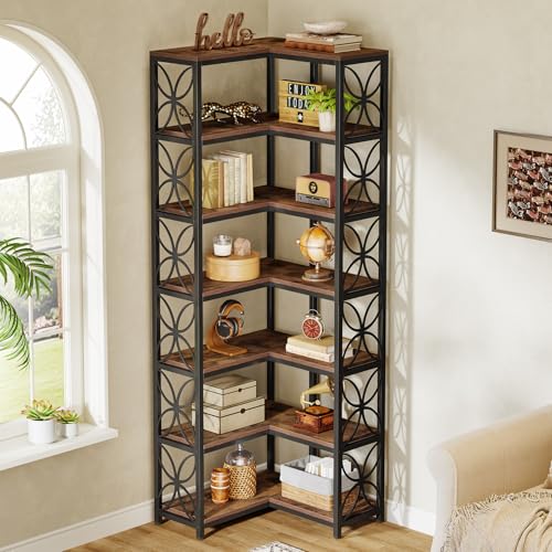 Tribesigns Eck-Bücherregal, 7-stöckiges L-förmiges Eckregal aus Holz mit Metallrahmen, 200 cm Hoch Eckregal Stehend für Wohnzimmer, Küche, Büro, Rustikales Braun & Schwarz