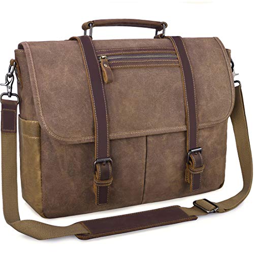 NUBILY Umhängetasche Herren Aktentasche Laptoptasche Leder Wasserdichte Canvas Messenger Bag Arbeitstasche Groß Vintage Schultertasche Notebooktasche 15.6 Zoll Braun