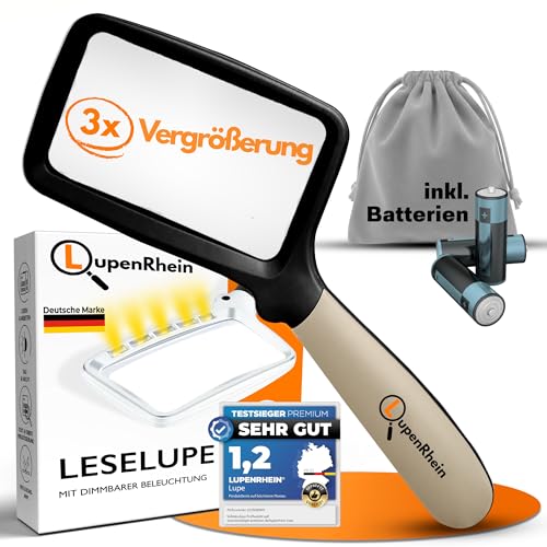 LupenRhein® Große Lupe mit Licht inkl. Batterien - Klappbare Leselupe mit Licht für Senioren groß - 3X Vergrößerungsglas - Handliche Leselupe für Senioren groß mit dimmbaren Licht