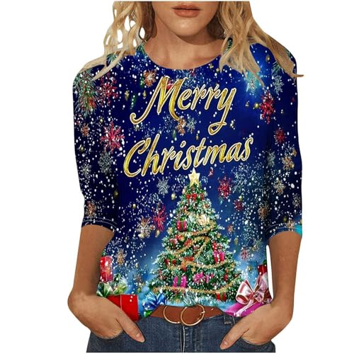 NSICBMNO Weihnachtsoberteile für Damen, lustige Weihnachts-T-Shirts, 3/4-Ärmel, Rundhalsausschnitt, Blusen, Weihnachtsbaum, Weihnachtsmann, Elch, Schneeflocke, Druck, T-Shirt, Frohe Weihnachten