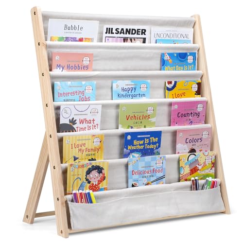 SINBINTA Kinder-Bücherregal, 6 Ebenen, Bücherregal, Aufbewahrung, Ausstellungsregal, einfacher Zugriff, Holzbuch-Organizer mit Tasche für Kinderzimmer und Spielzimmer (Beige)