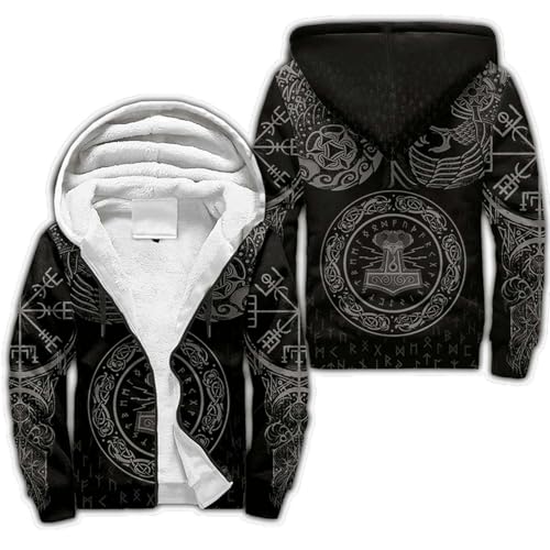 Wikinger Kostüm Kapuzenpullover Herren, Men's Zip Hoodie Dicker Pullover Sweater Sweatjacke 3D-Druck Nordisches Fleece Kapuzenjacke Casual Wärme Kapuzenpulli Sweatshirt Norwegen Geschenke(Mjölnir,5XL)